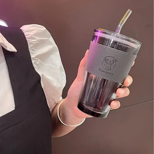 Glass Coffee Mug with Straw - Large Capacity, Minimalist Design for Coffee & Milk Tea